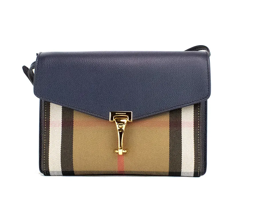 Burberry Women's Macken Small Ink Blue House Check Derby Grain Leather Crossbody Bag