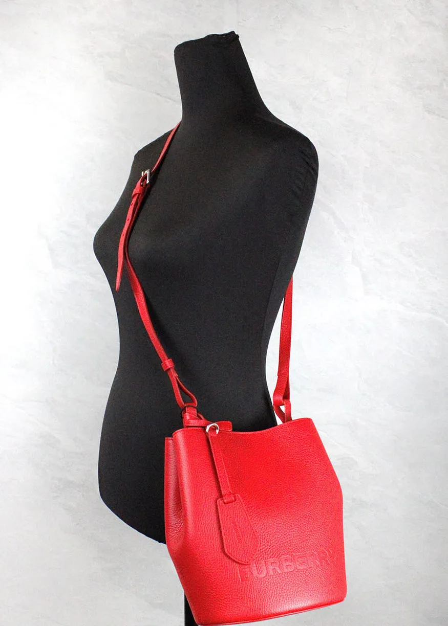 Burberry Women's Lorne Small Red Pebbled Leather Bucket Crossbody Purse Bag