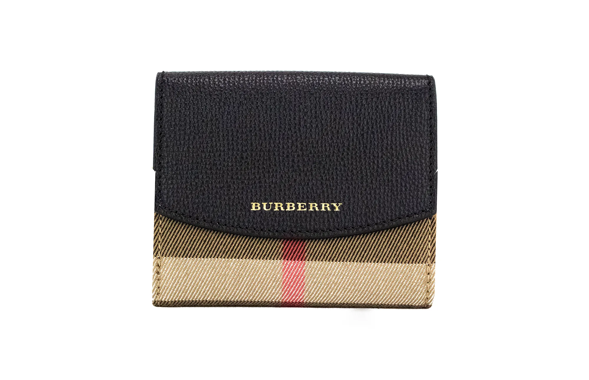 Burberry Women's Luna Black Grained Leather House Check Canvas Coin Pouch Snap Wallet