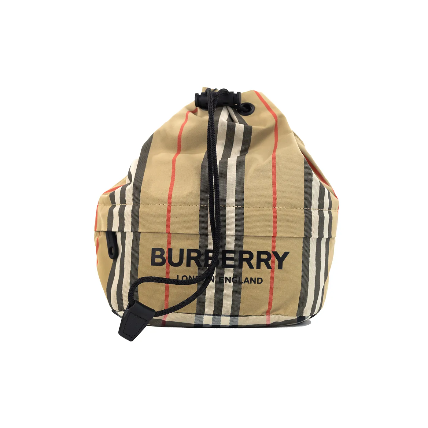 Burberry Women's Phoebe Heritage Stripe Beige Eco Nylon Drawstring Bucket Bag
