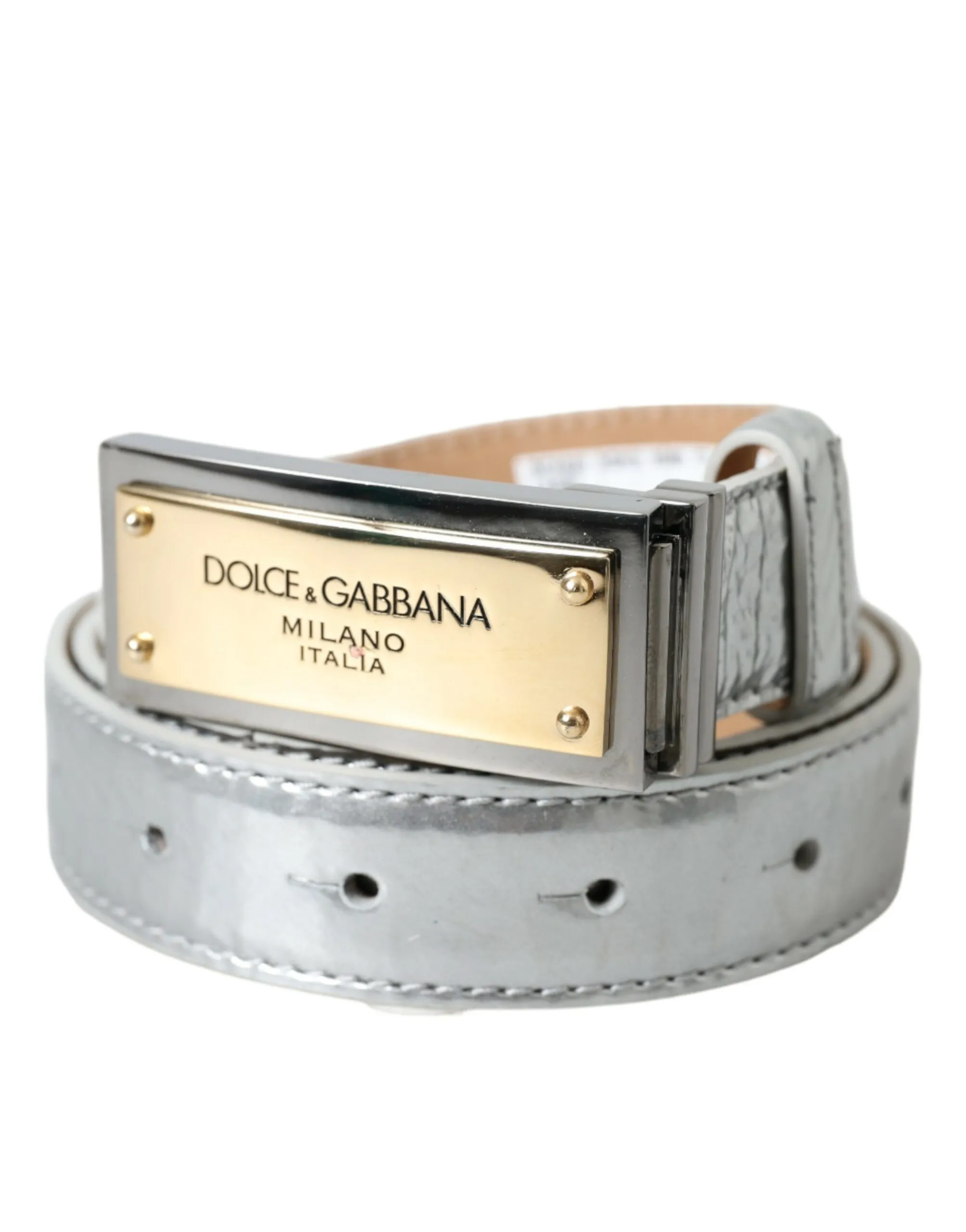 Dolce & Gabbana Men's Silver Leather Metal Logo Buckle Belt Men