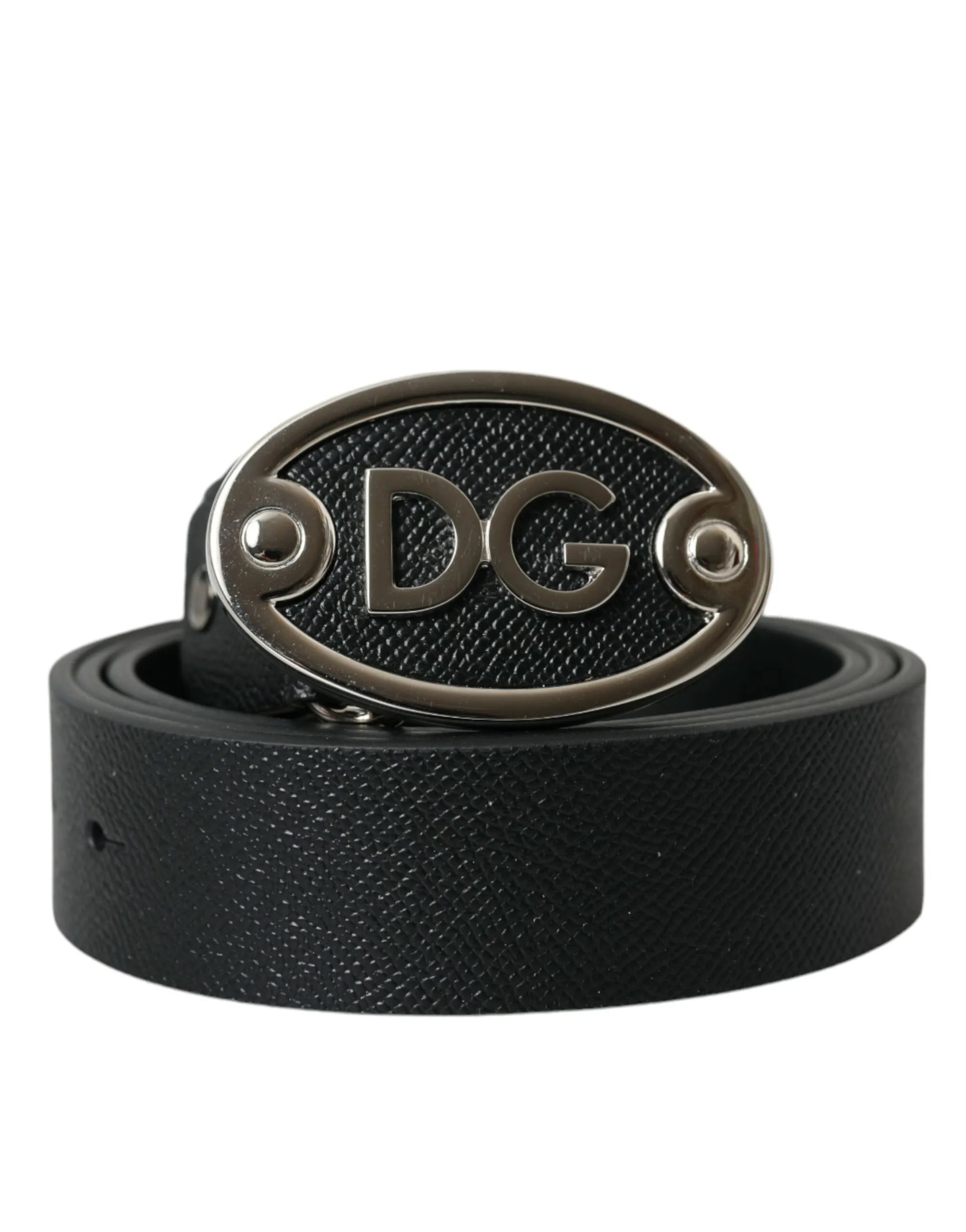 Dolce & Gabbana Men's Black Leather Oval Logo Buckle Belt Men