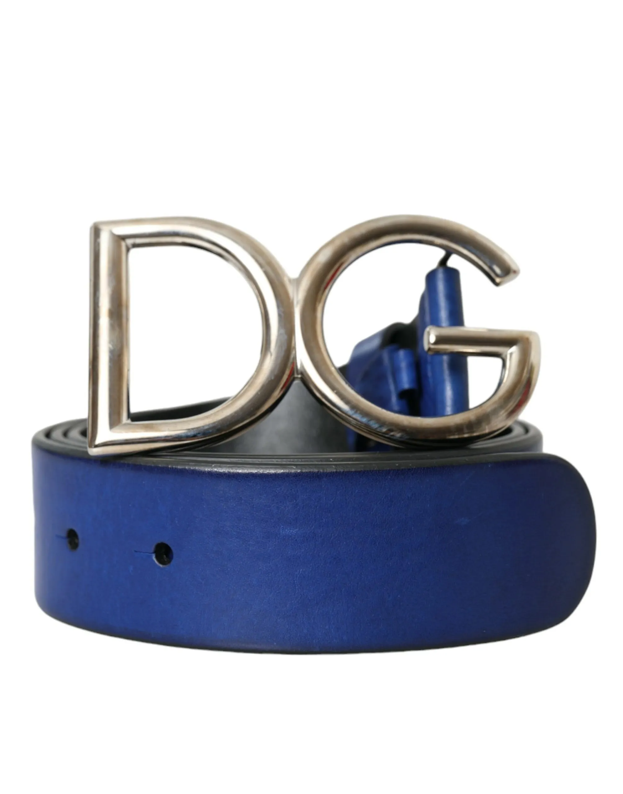 Dolce & Gabbana Men's Blue Leather Silver Metal Logo Buckle Belt Men