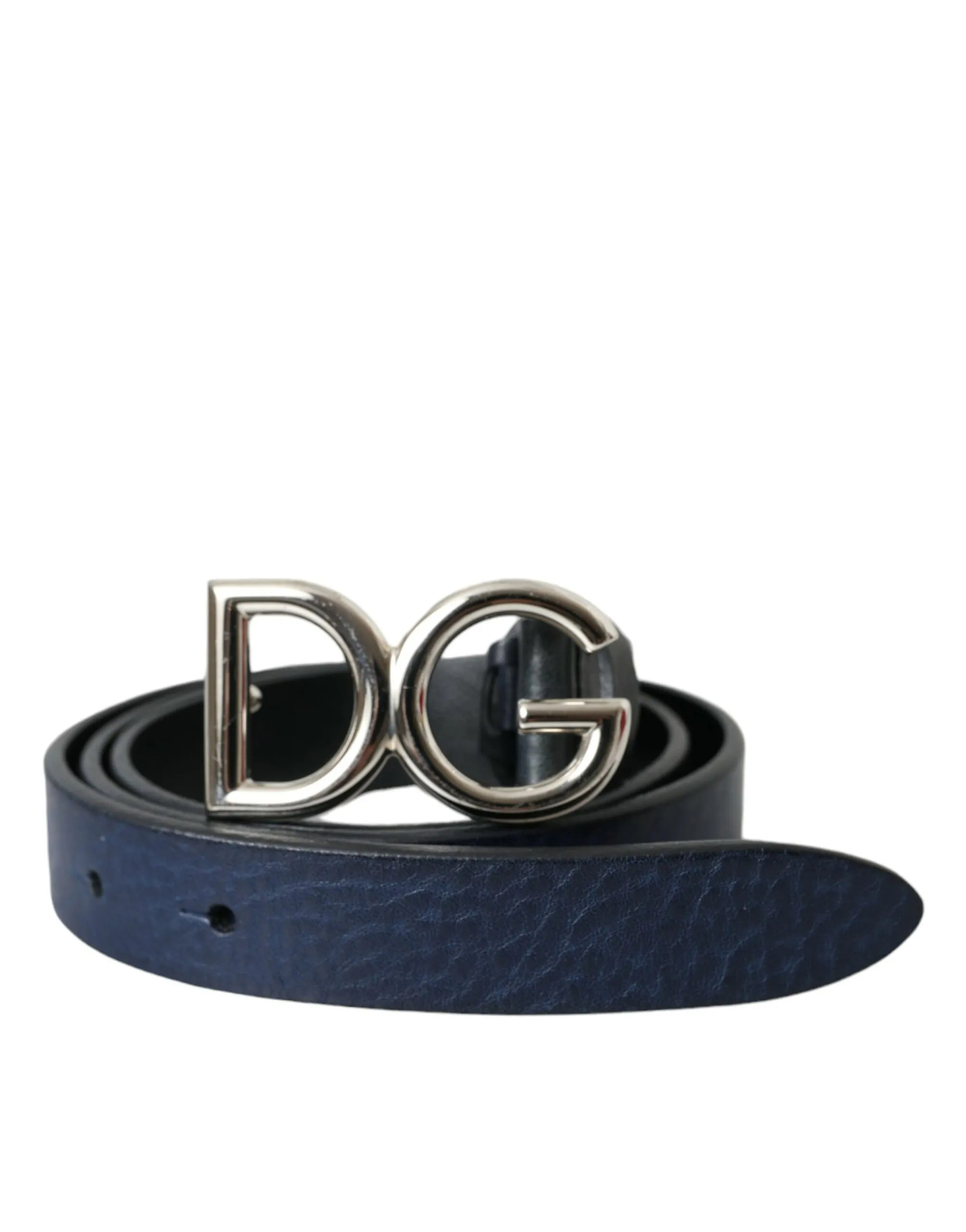 Dolce & Gabbana Men's Blue Leather Silver Metal Logo Buckle Belt Men