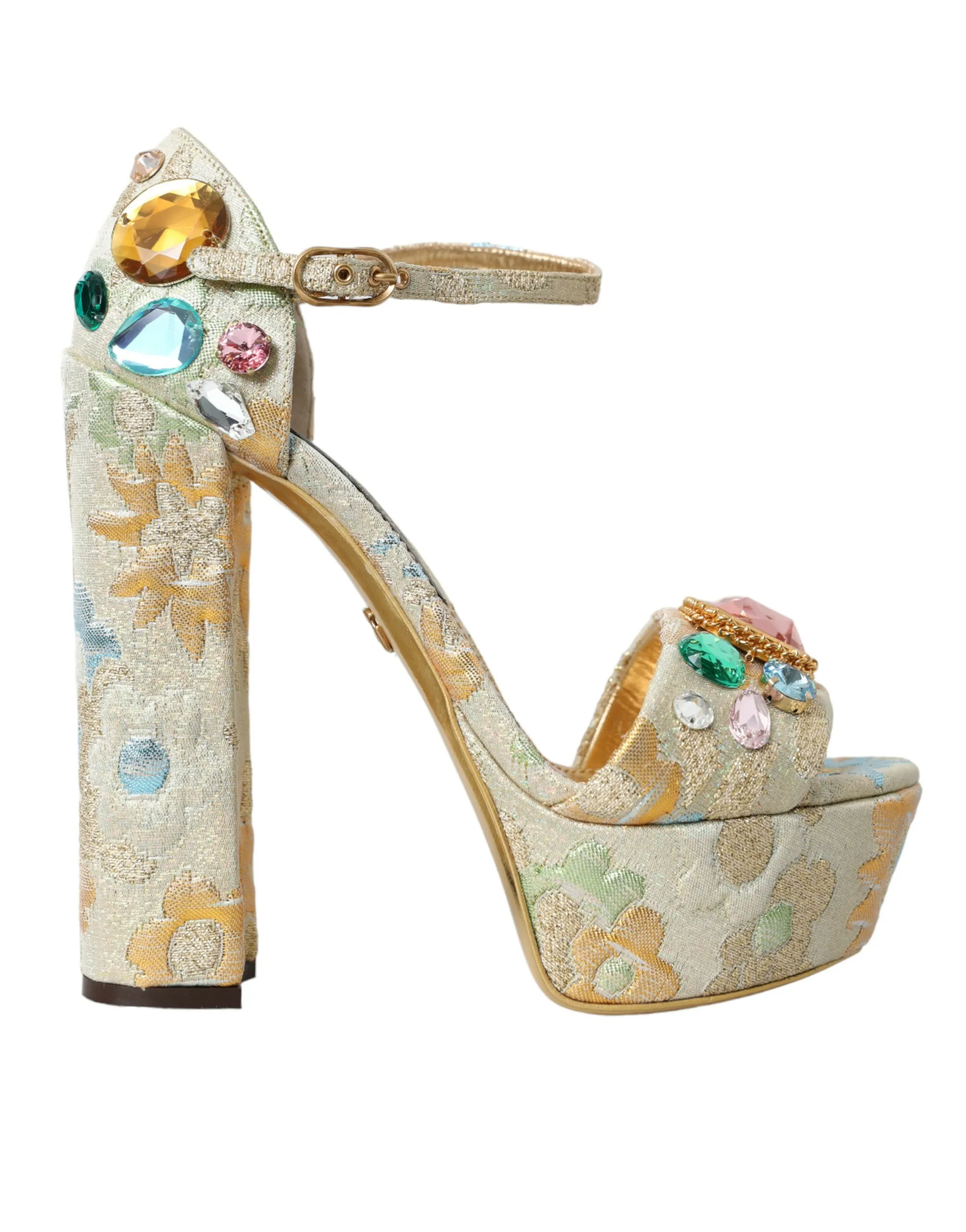 Dolce & Gabbana Women's Gold Floral Jacquard Crystal Sandals Shoes