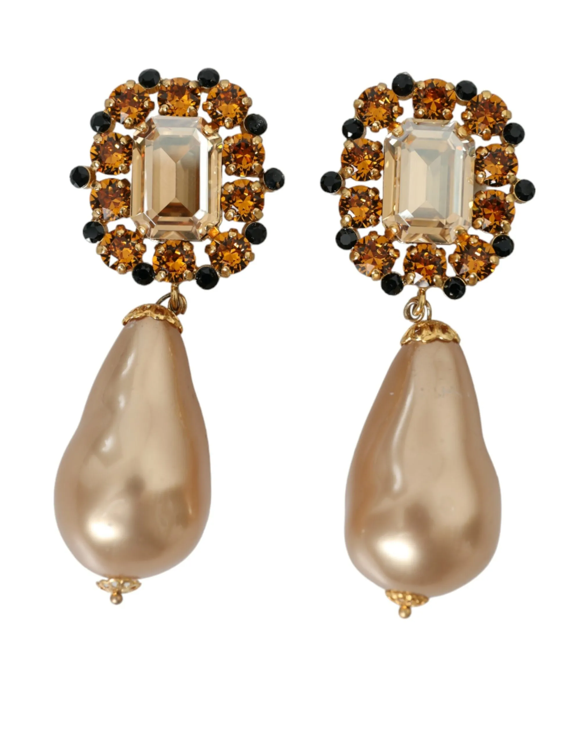 Dolce & Gabbana Women's Gold Brass Crystal Faux Pearl Clip On Dangling Earrings
