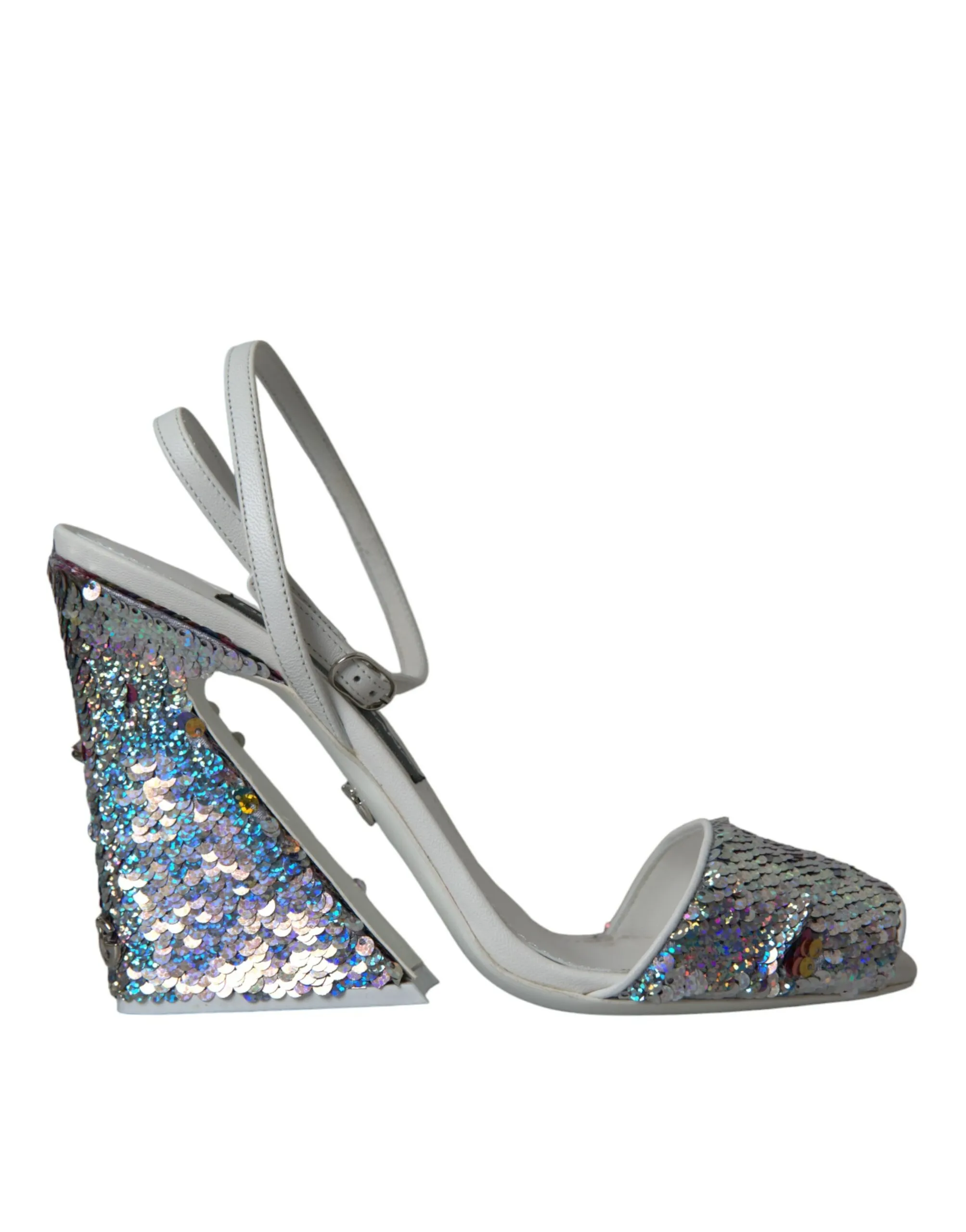 Dolce & Gabbana Women's White Silver Sequin Ankle Strap Sandals Shoes