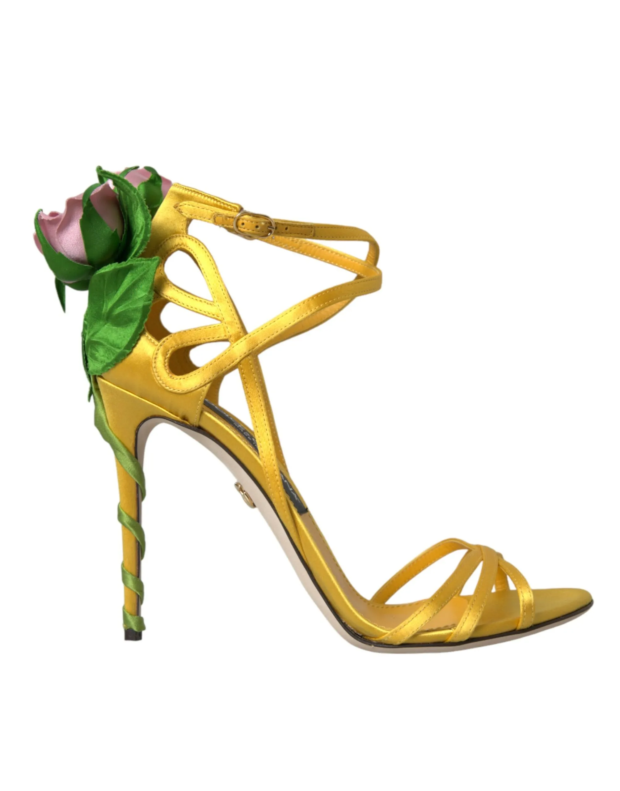 Dolce & Gabbana Women's Yellow Flower Satin Heels Sandals Shoes