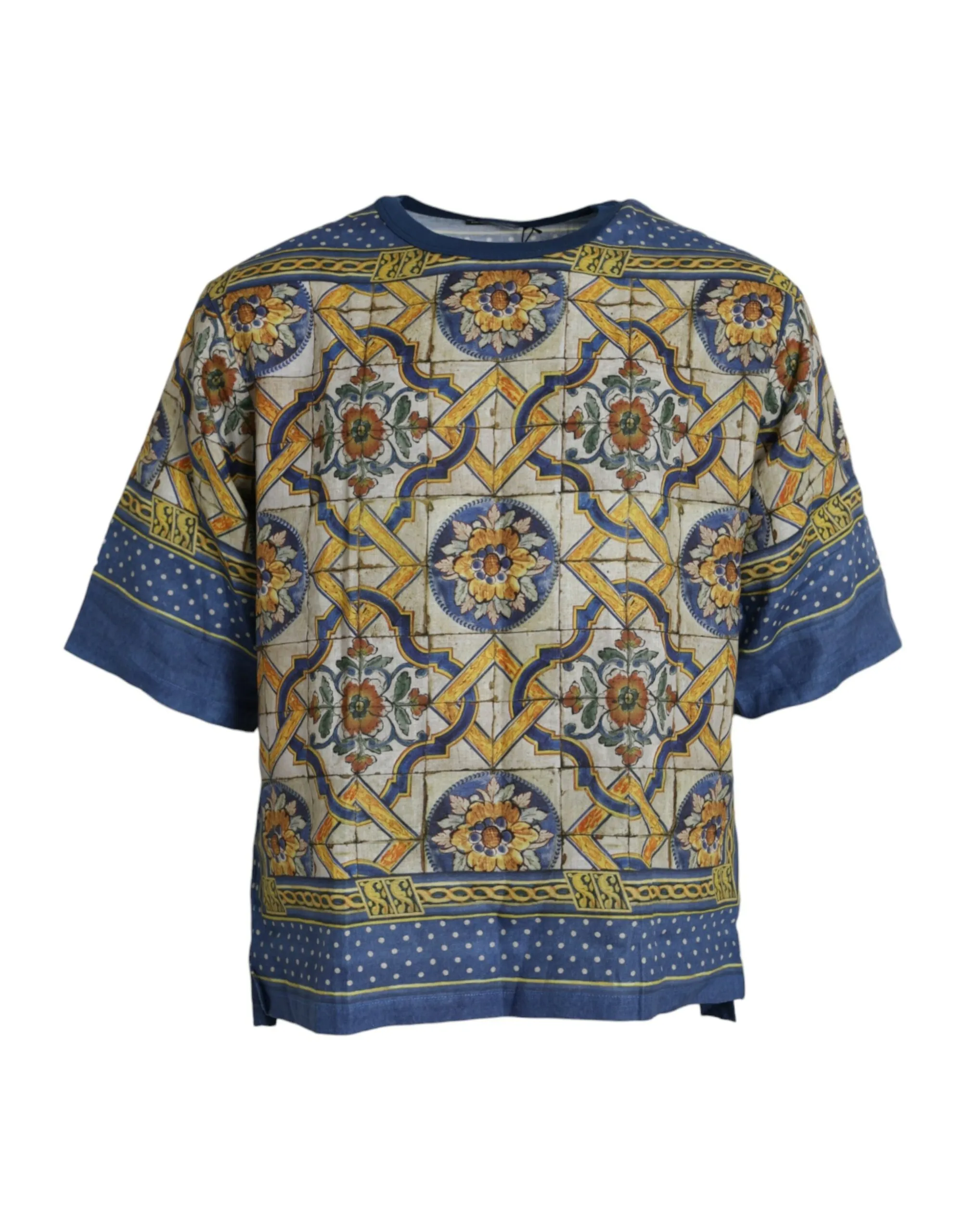 Dolce & Gabbana Men's Multicolor Majolica Linen Short Sleeve T-shirt