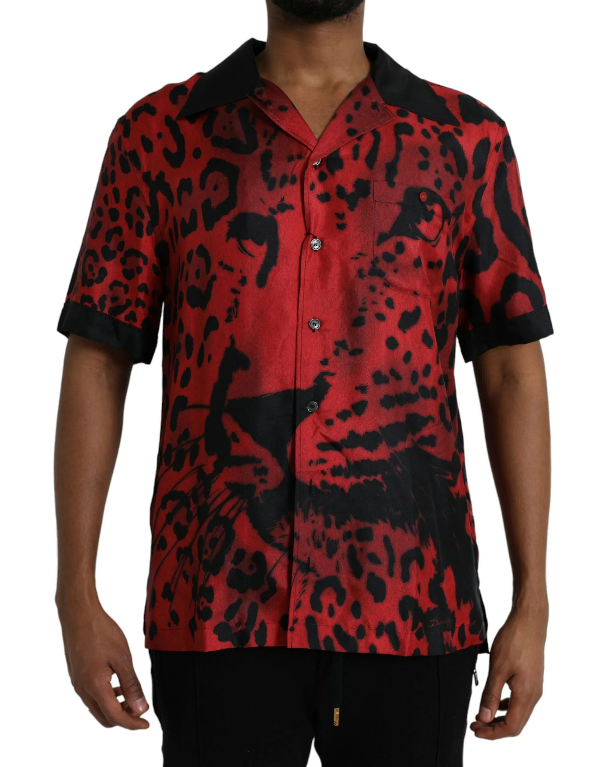 Dolce & Gabbana Men's Red Leopard Silk Button Down Casual Shirt