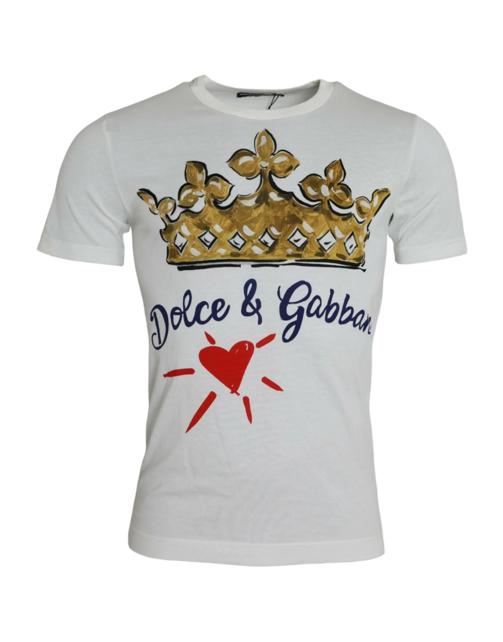 Dolce & Gabbana Men's White Gold Crown Print Cotton Crew Neck T-shirt