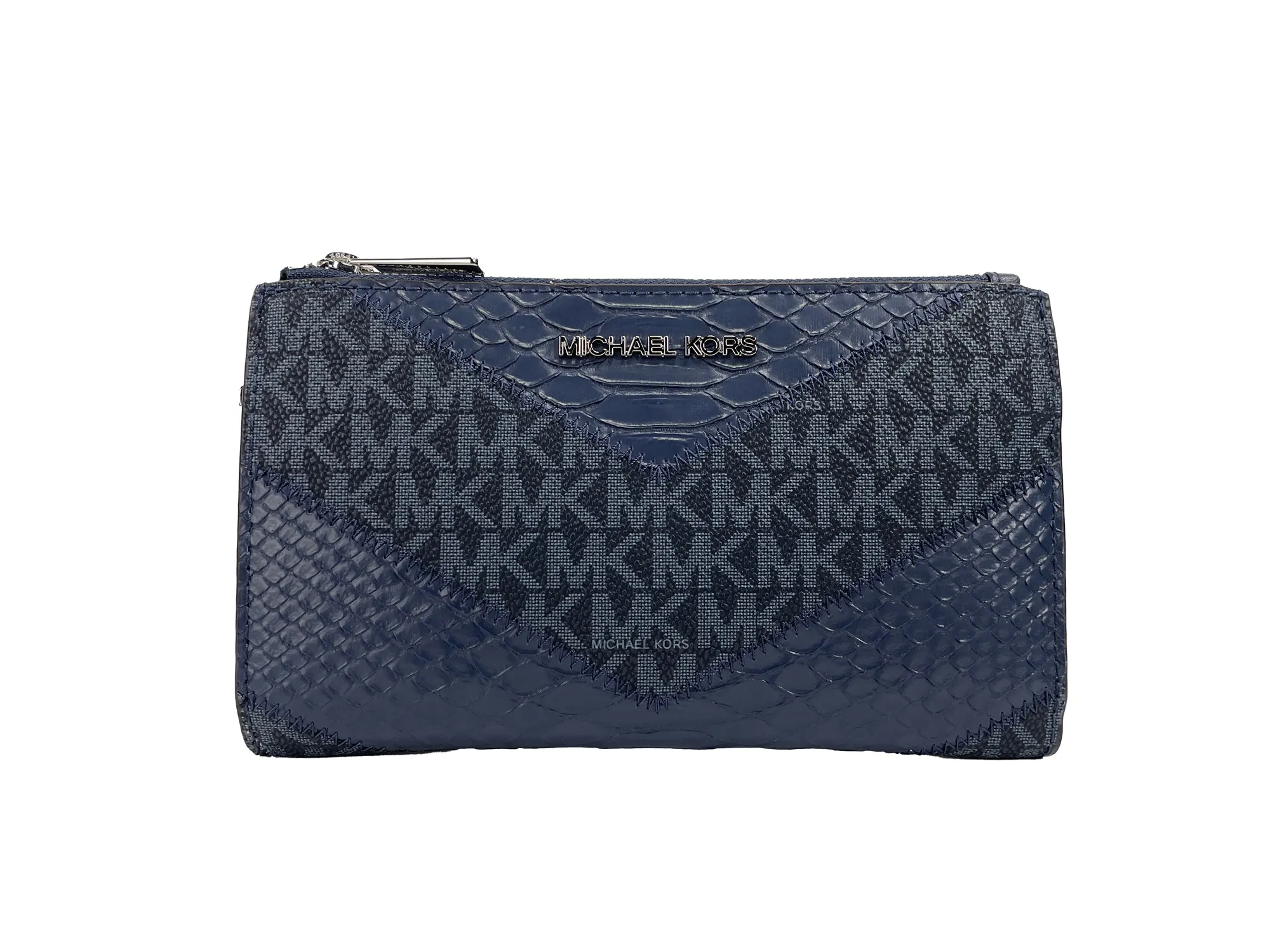 Michael Kors Women's Jet Set Large Double Zip Python Navy Wristlet Wallet