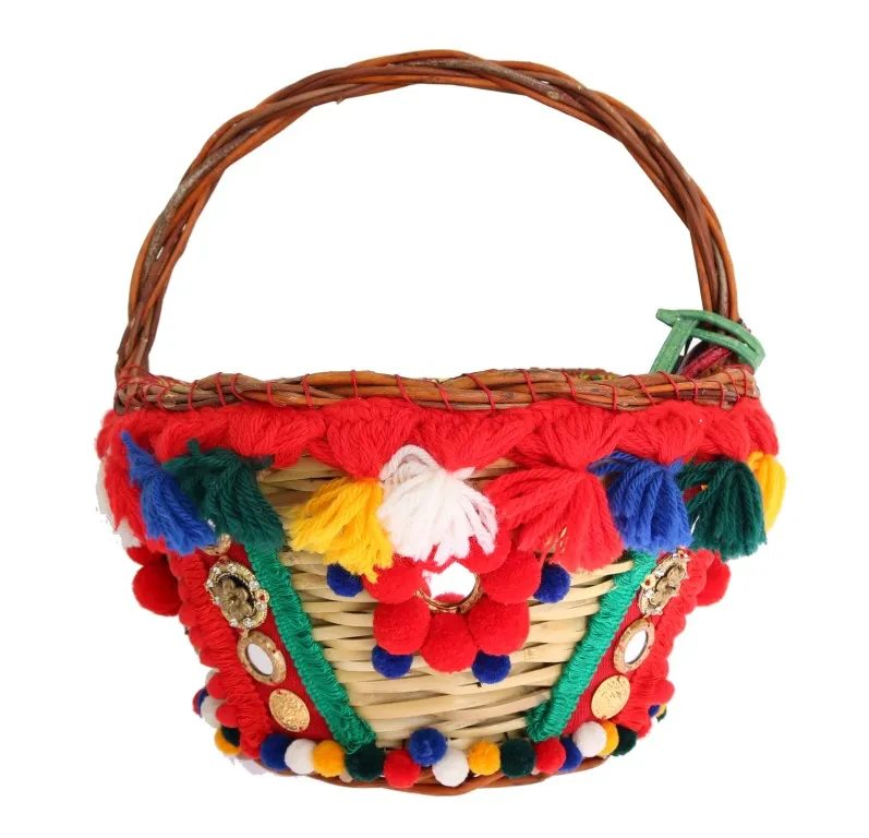 Dolce & Gabbana Women's Elegant Beige Straw & Exotic Skins Pom Pom Tote