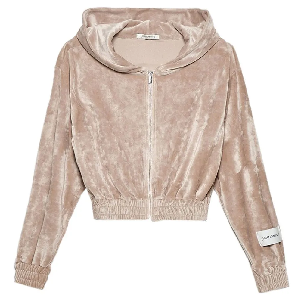 Hinnominate Women's Beige Velvet Zip Hoodie Sweatshirt