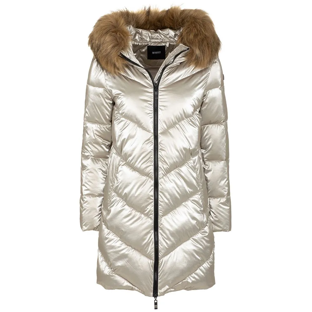 Imperfect Women's Chic Gray Eco-Fur Trimmed Long Down Jacket