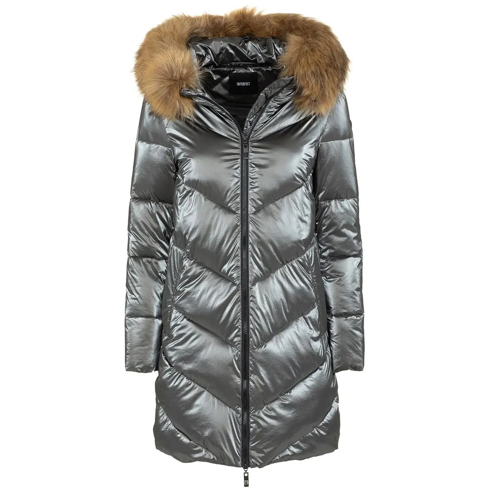 Imperfect Women's Elegant Long Down Jacket with Eco-Fur Hood