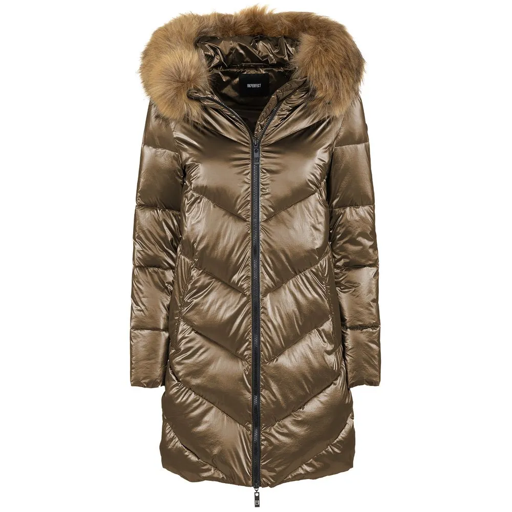 Imperfect Women's Eco-Chic Brown Down Jacket with Faux Fur Hood