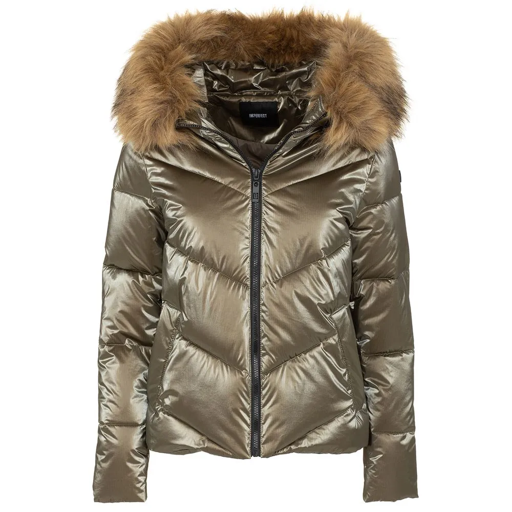 Imperfect Women's Eco-Fur Hooded Down Jacket in Brown