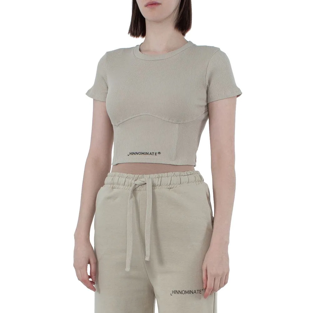 Hinnominate Women's Beige Ribbed Cotton Tee with Logo Accent