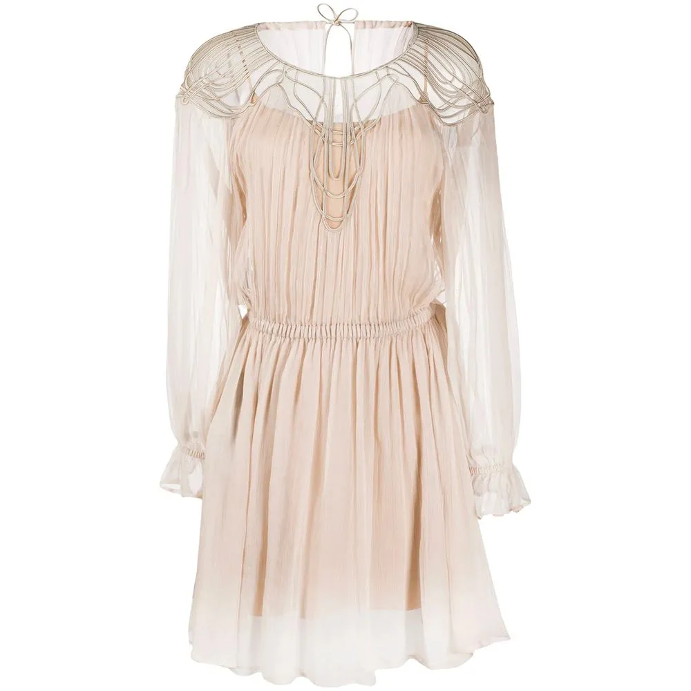 Alberta Ferretti Women's Elegant Beige Silk Panel Dress with Long Sleeves