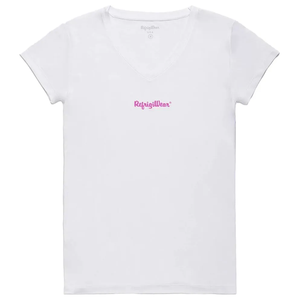 Refrigiwear Women's Elegant V-Neck Logo Tee in Pristine White
