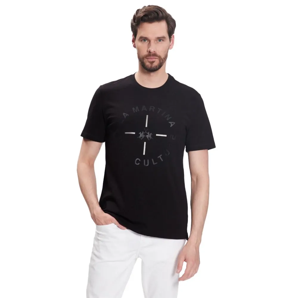 La Martina Men's Elegant Black Jersey Tee with Chic Front Print
