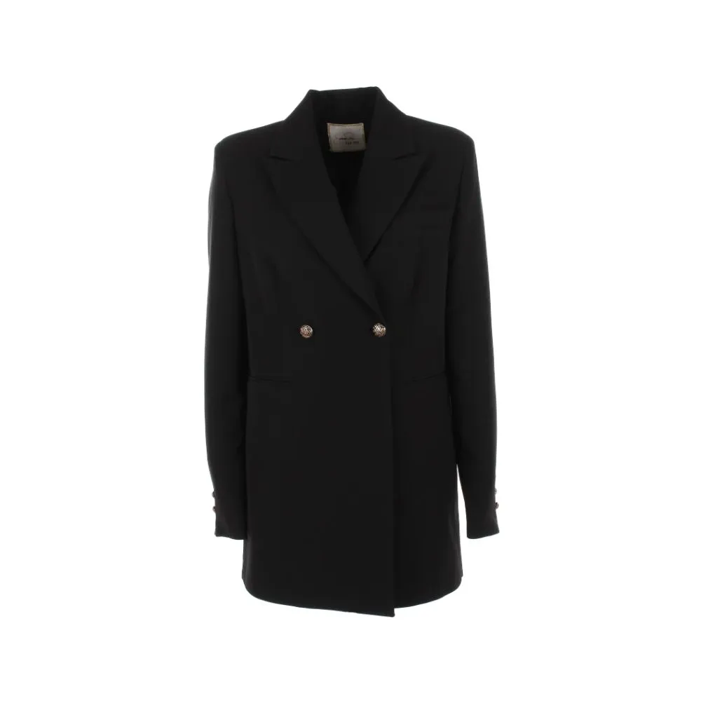 Yes Zee Women's Elegant Black Crepe Double-Breasted Jacket