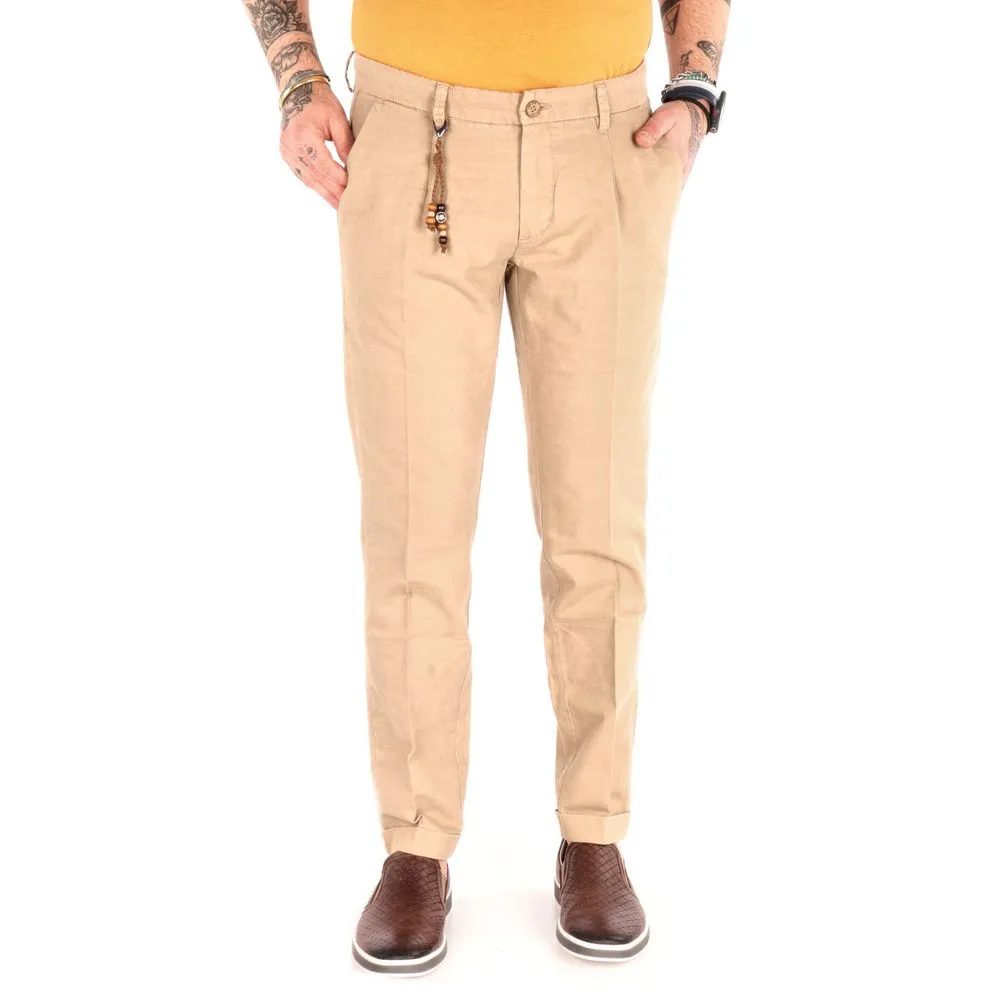 Yes Zee Men's Chic Beige Cotton Chino Trousers