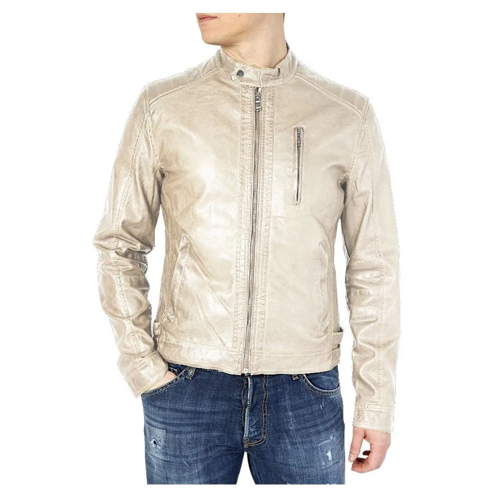 Yes Zee Men's Chic Beige Faux Leather Jacket for Men