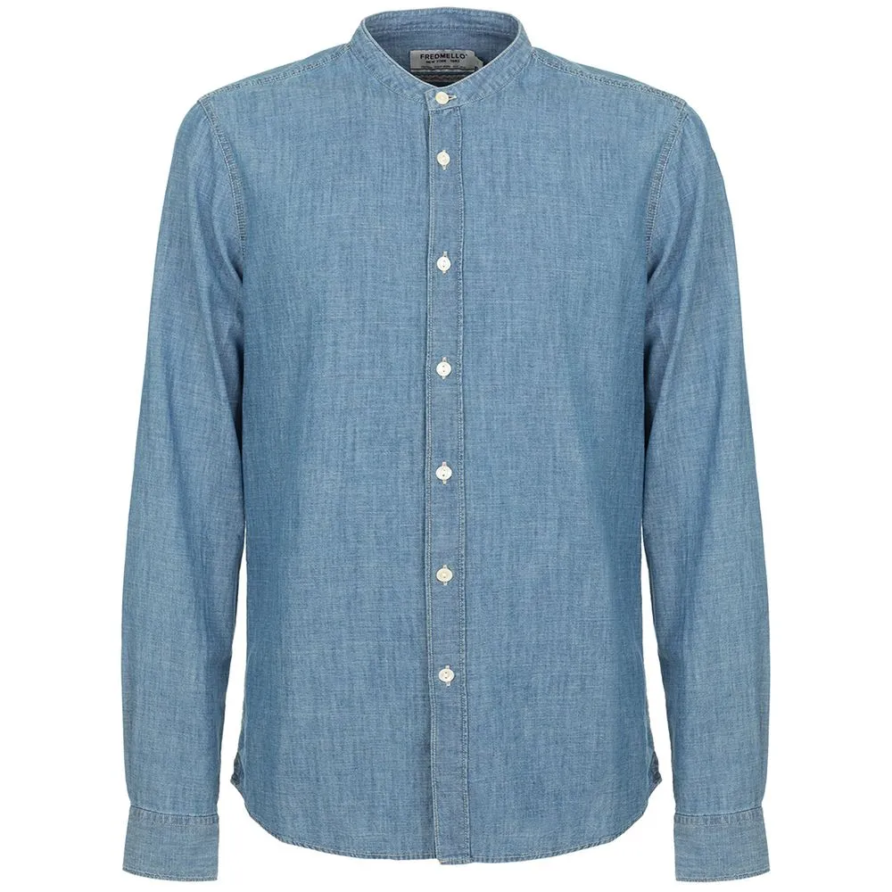 Fred Mello Men's Mandarin Collar Blue Linen-Cotton Shirt