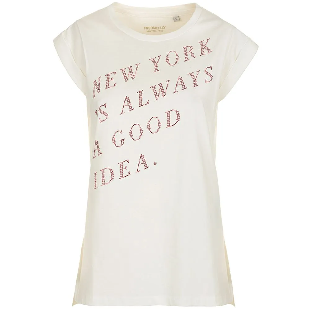 Fred Mello Women's Elegant Rhinestone Studded White Tee