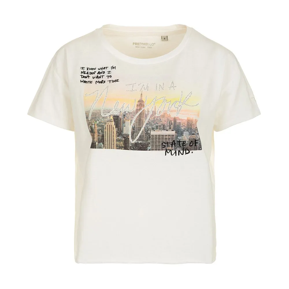 Fred Mello Women's Dazzling Rhinestone Graphic White Tee