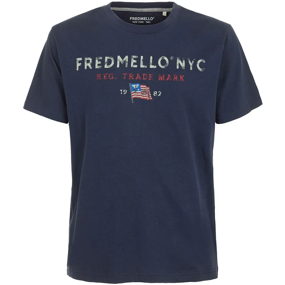 Fred Mello Men's Sophisticated Blue Cotton Tee with Elegant Print