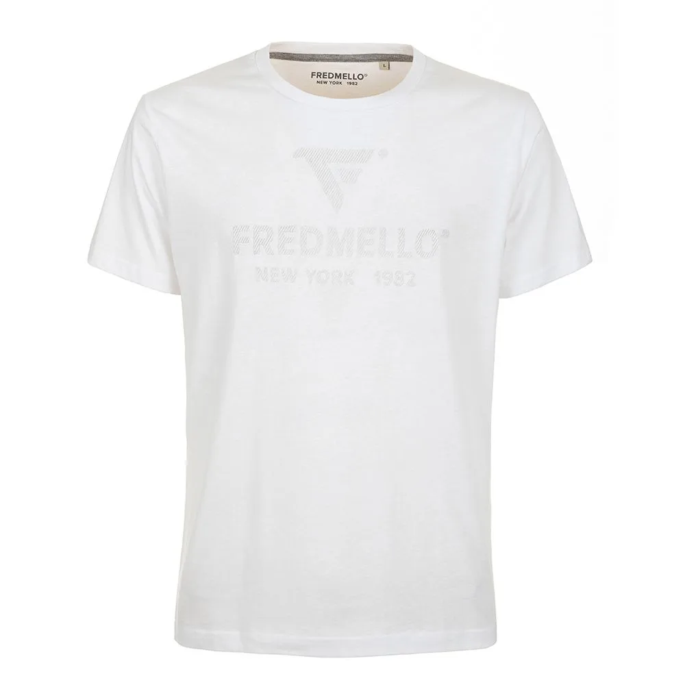 Fred Mello Men's Crisp White Cotton Crewneck Tee with Front Design