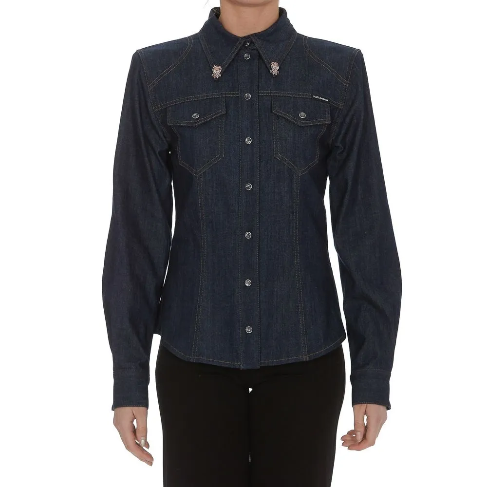 Dolce & Gabbana Women's Elegant Blue Denim Rhinestone Collared Shirt