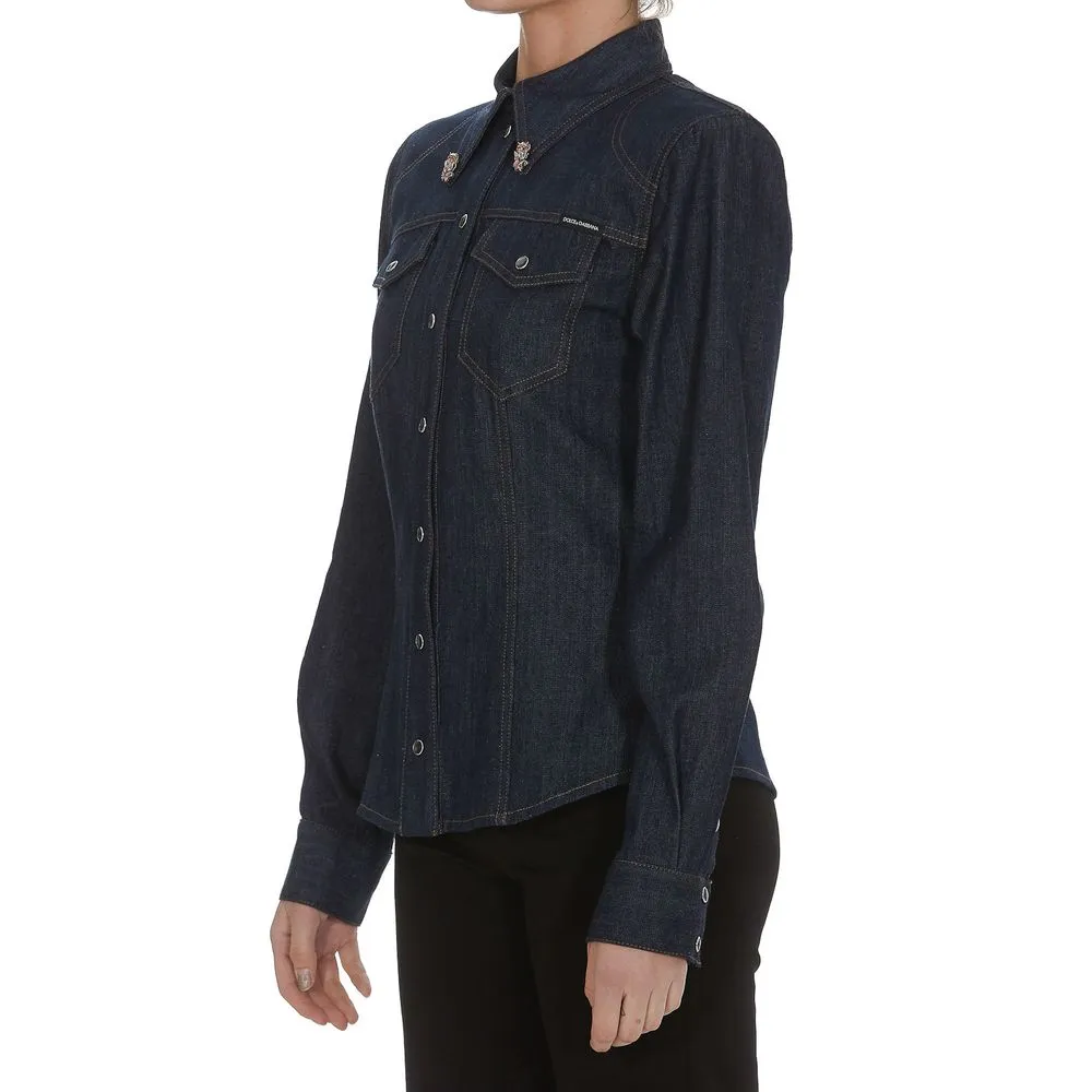 Dolce & Gabbana Women's Elegant Blue Denim Rhinestone Collared Shirt