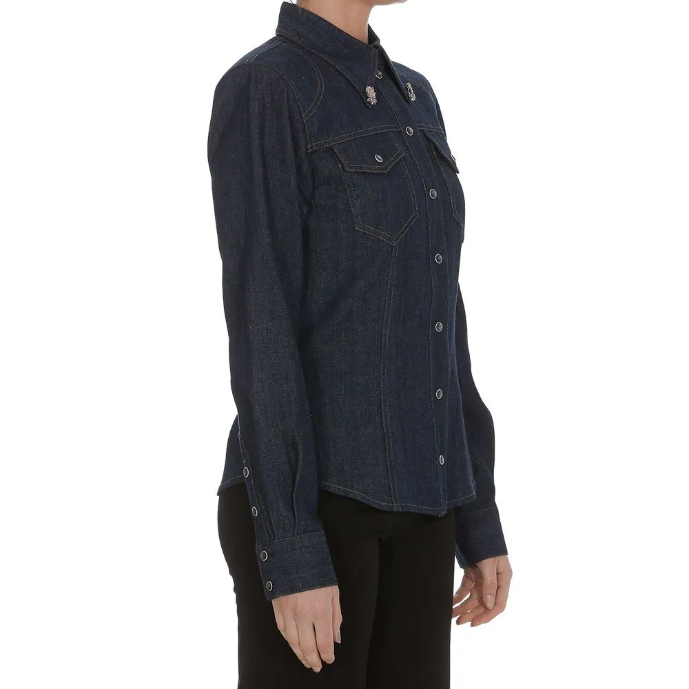 Dolce & Gabbana Women's Elegant Blue Denim Rhinestone Collared Shirt