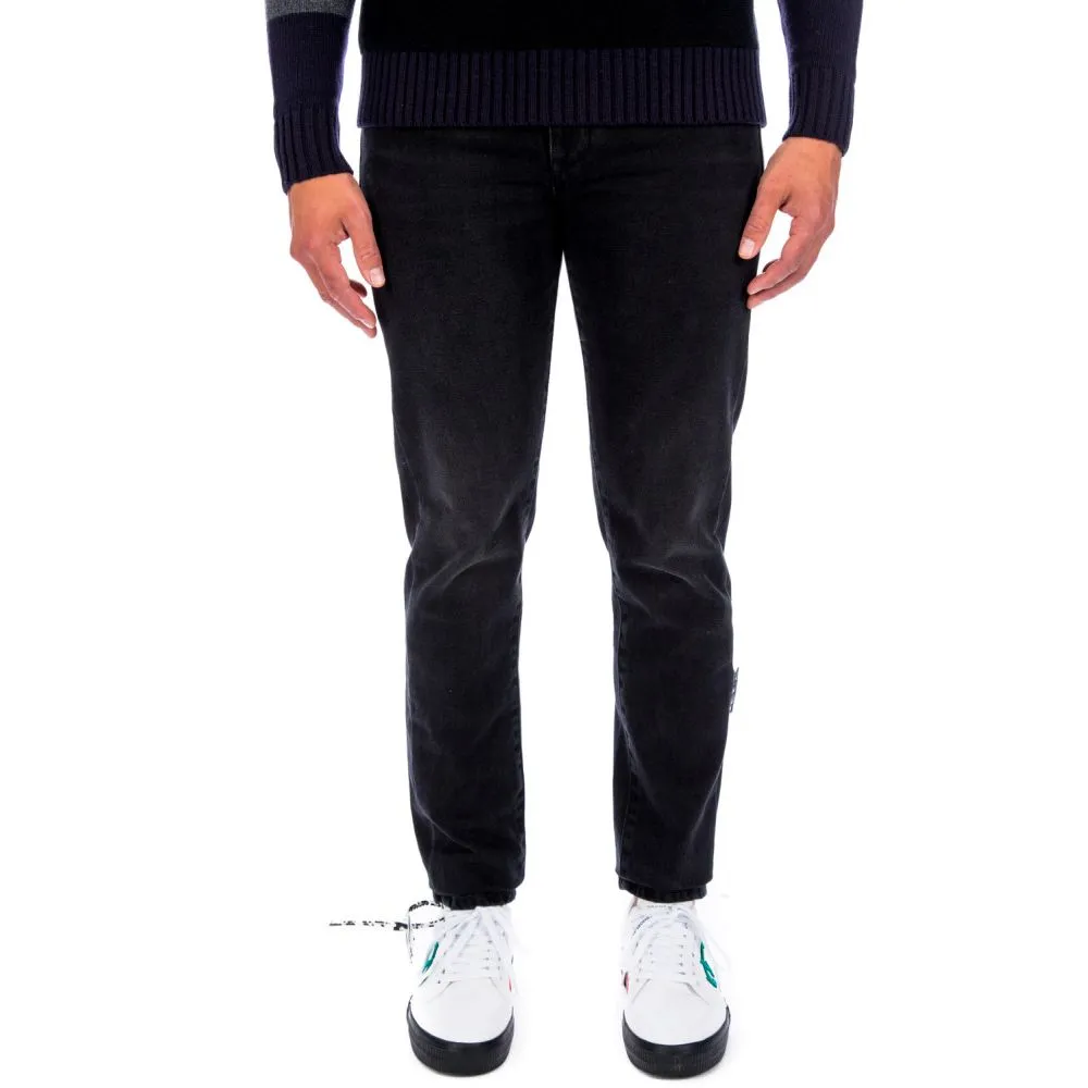 Off-White Men's Slim Fit Black Cotton Jeans with Logo Print