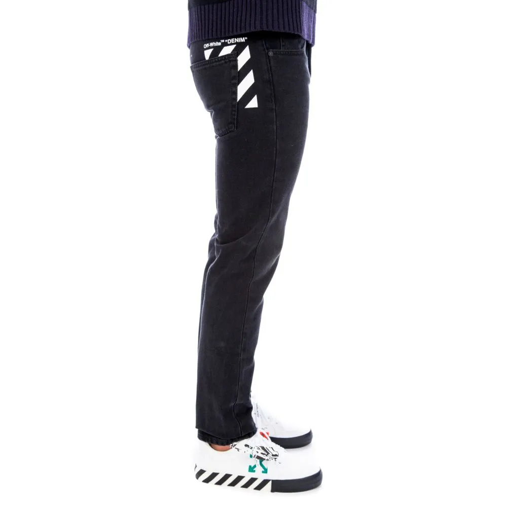Off-White Men's Slim Fit Black Cotton Jeans with Logo Print
