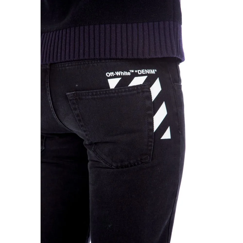 Off-White Men's Slim Fit Black Cotton Jeans with Logo Print