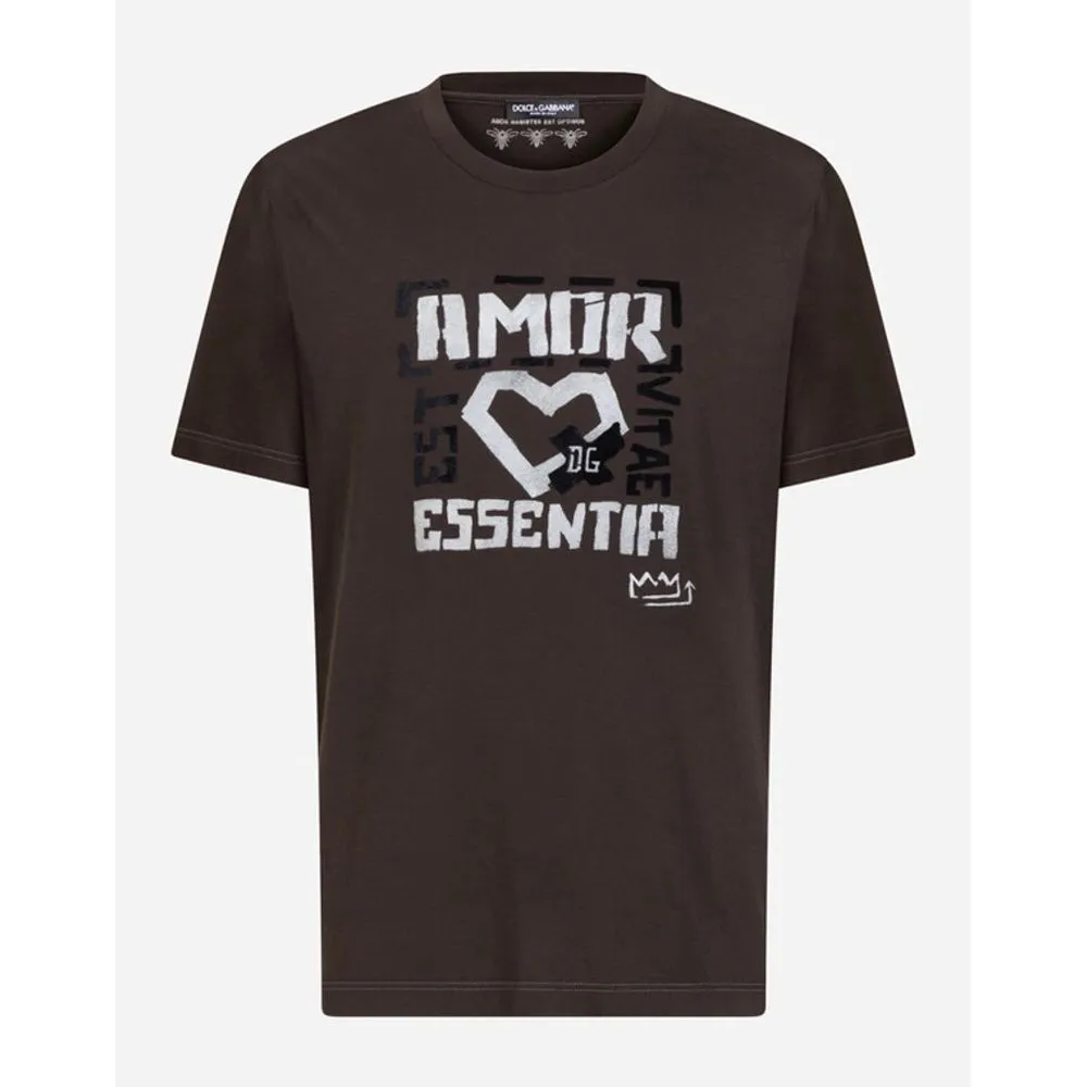 Dolce & Gabbana Men's Elegant Brown Cotton Tee with Iconic Print
