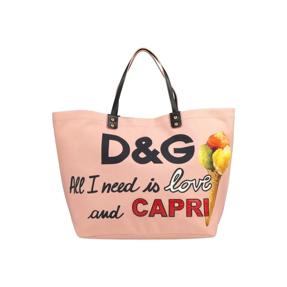 Dolce & Gabbana Women's Elegant Pink Cotton Shopper with Calfskin Accents