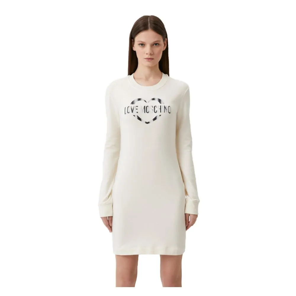 Love Moschino Women's Chic White Cotton Blend Dress with Logo Accent