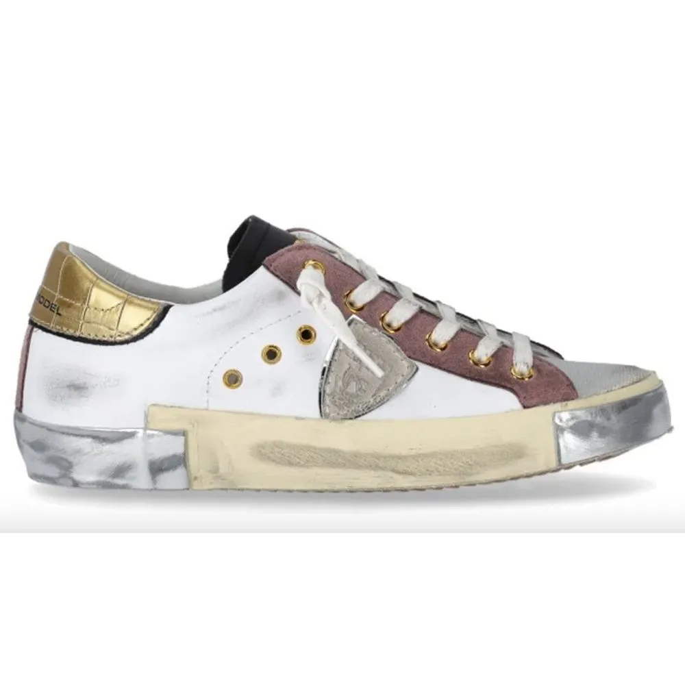 Philippe Model Women's Elegant White Leather Sneakers with Suede Accents
