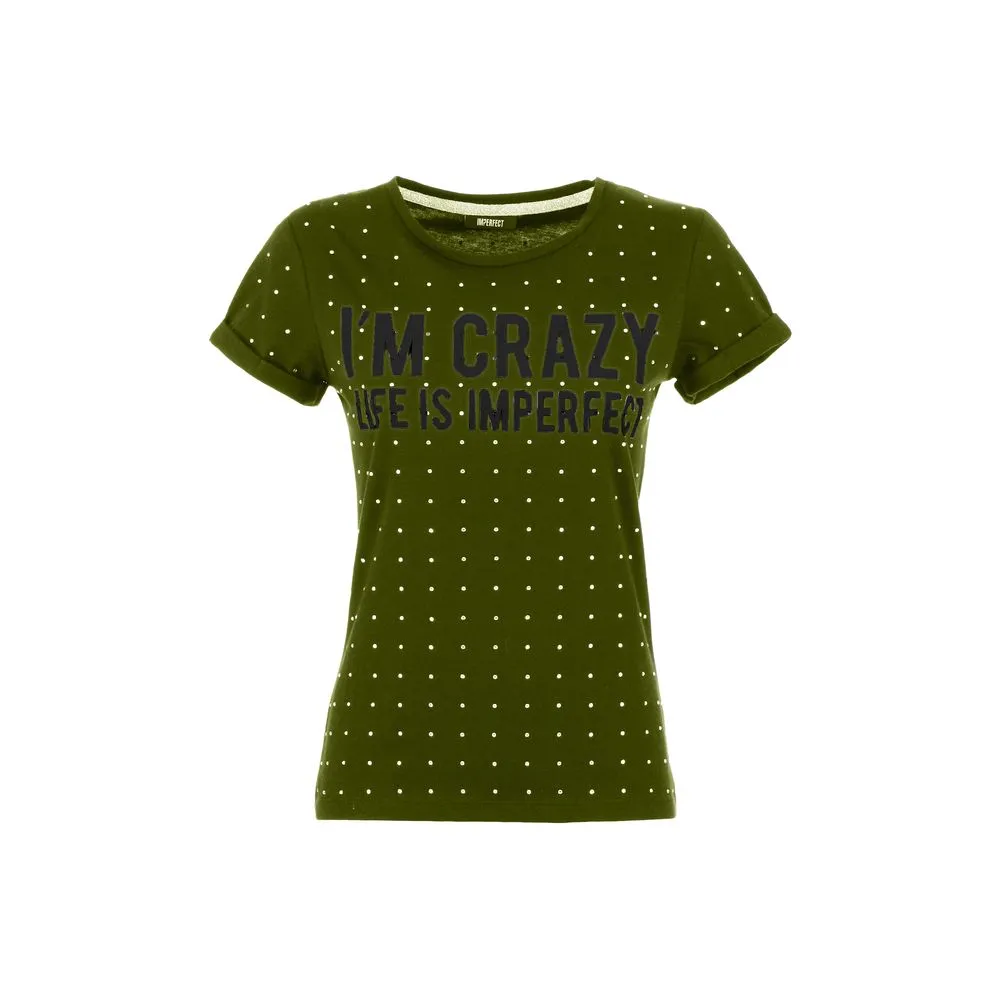 Imperfect Women's Army Green Strass Embellished Cotton Tee