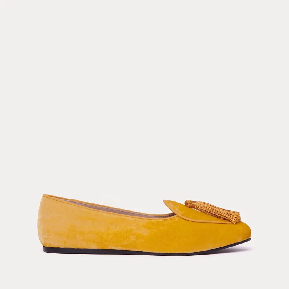 Charles Philip Women's Elegant Velvet Yellow Flats with Tassel Detail
