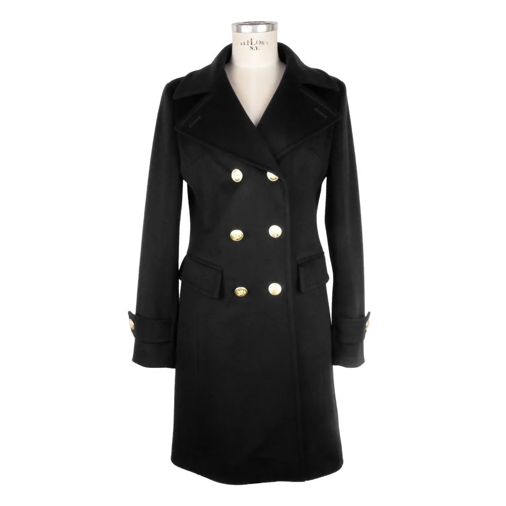 Made in Italy Women's Elegant Black Woolen Coat with Gold Buttons