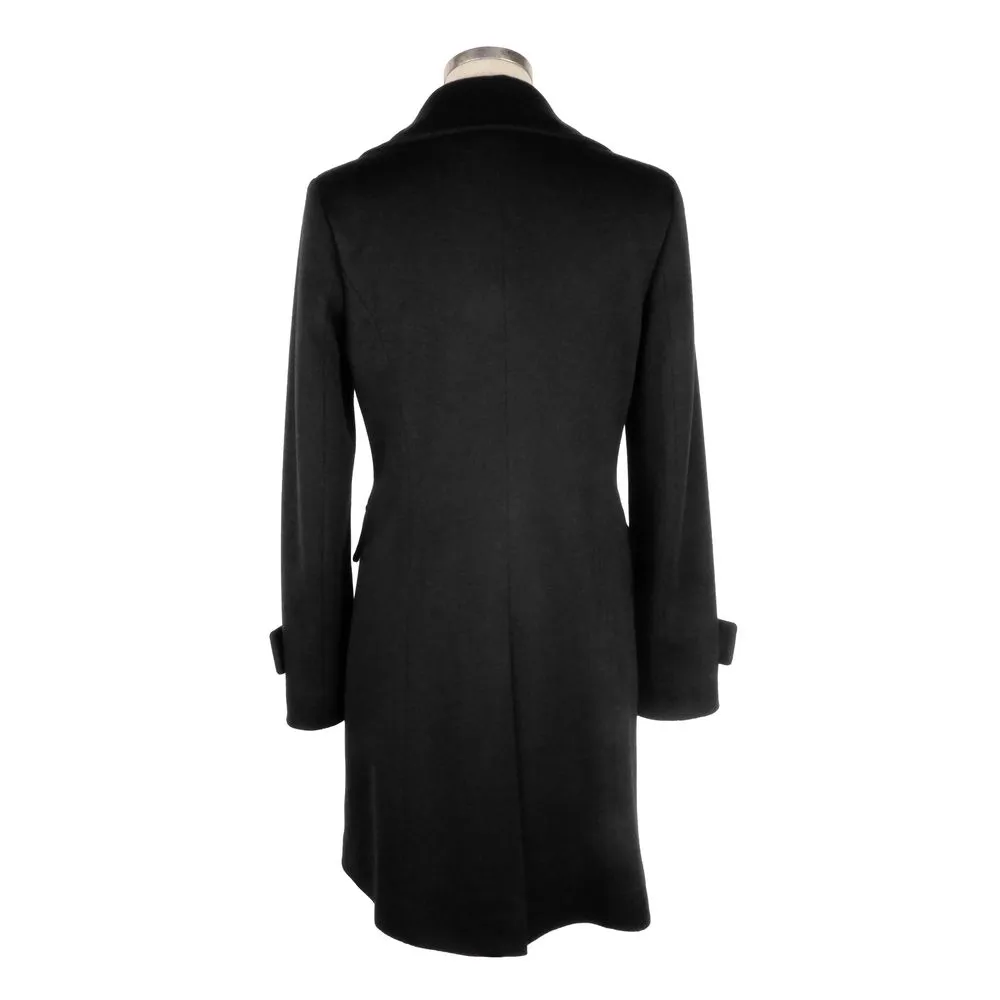 Made in Italy Women's Elegant Black Woolen Coat with Gold Buttons