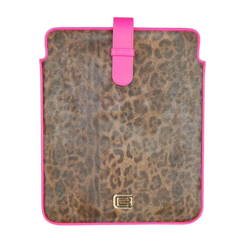 Cavalli Class Women's Fuchsia Leopard Print Calfskin Tablet Case