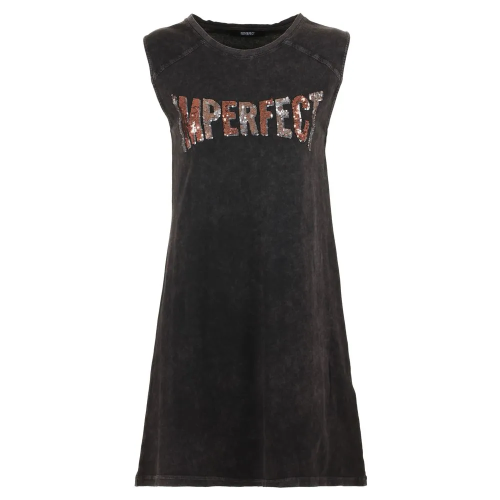 Imperfect Women's Elegant Black Cotton Dress with Logo Detail